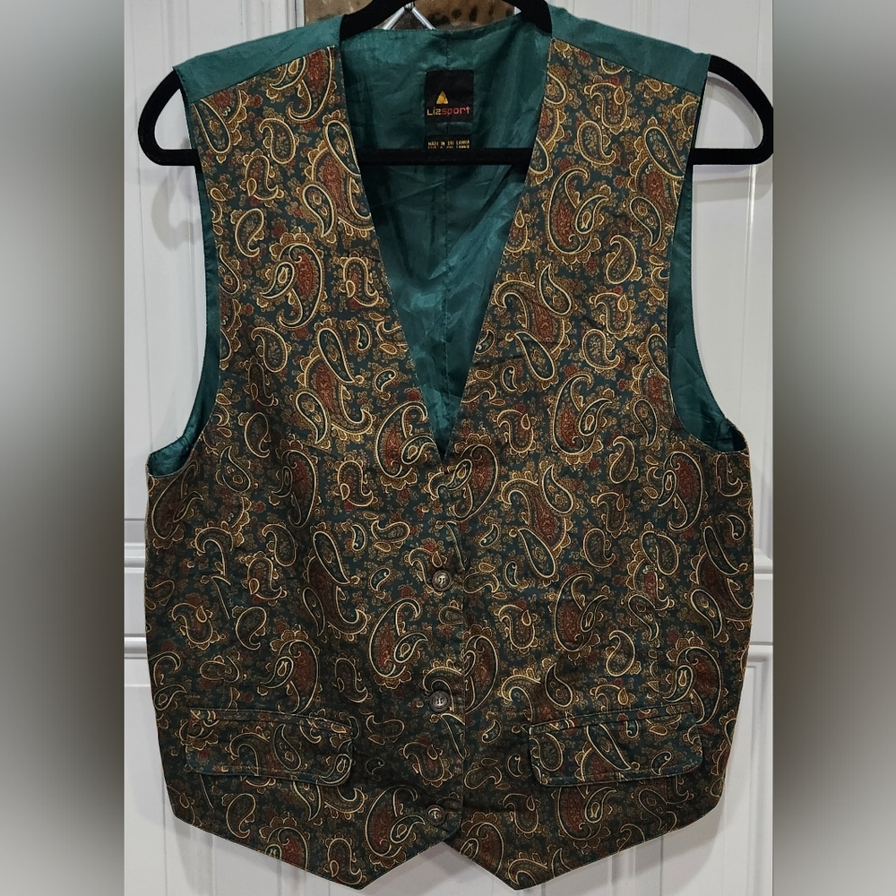 Vintage Liz sport green paisley dress vest women's size Large